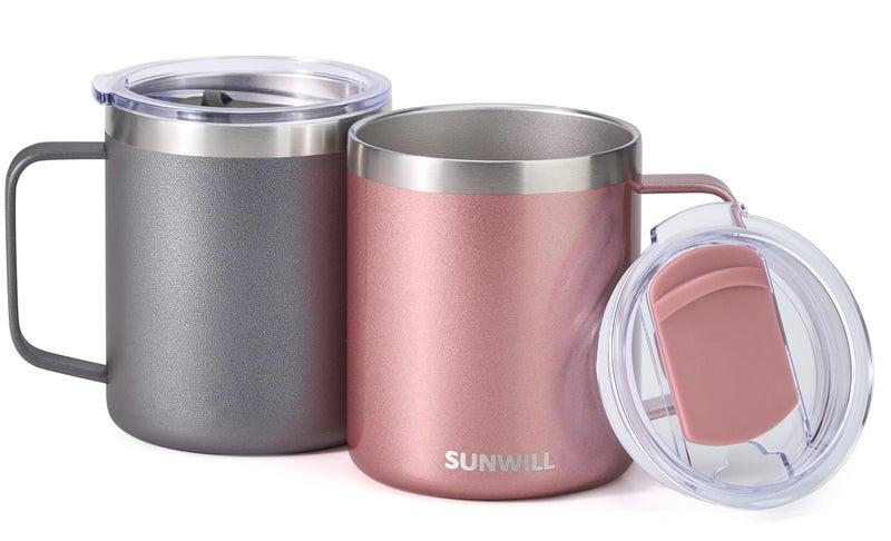 SUNWILL Travel Coffee Mug with Lid, Insulated Tumbler with Handle, 14 oz Stainless Steel Cup Set of 2 for Camping, Outdoor, Cool Grey & Rose Gold 2 Pack - Image 2